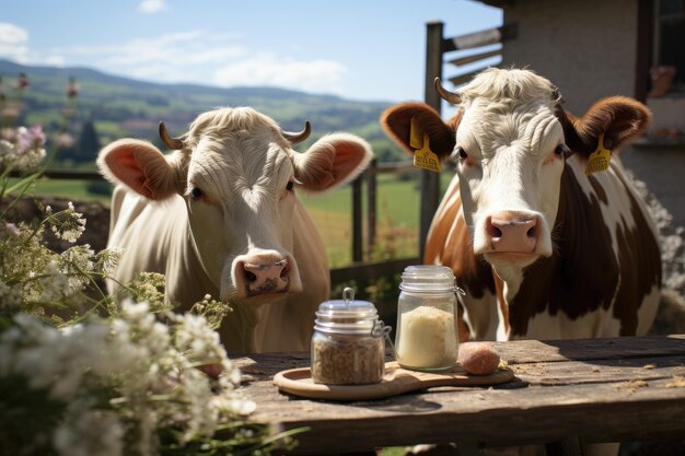 Foto un pastore di mucche alleva mucche felicemente prodotti di pascolo ampio della fattoria da mucche in vendita carne latte formaggio burro