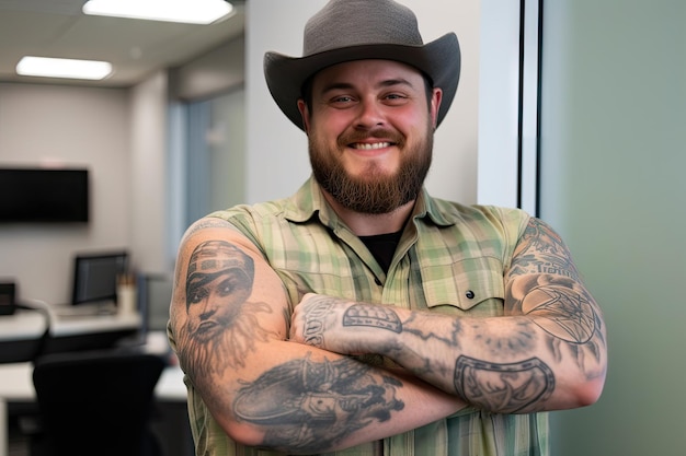 Coworker with cowboy tattoo showing off his ink at the office