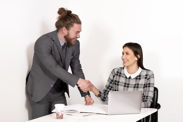 Coworkers man and woman office situation and interaction