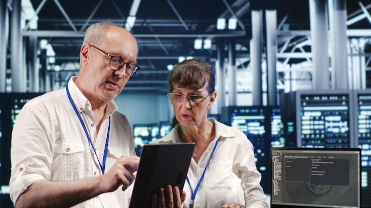 Photo coworkers running code in data center