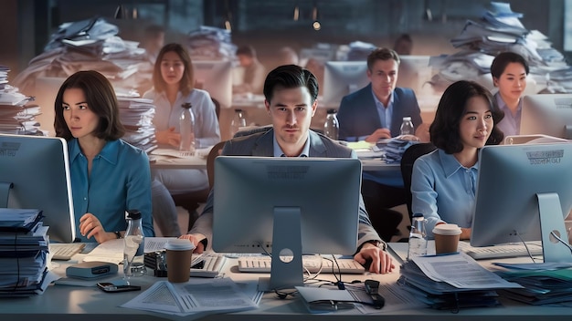 Coworkers sitting at desk with documents and gadgets