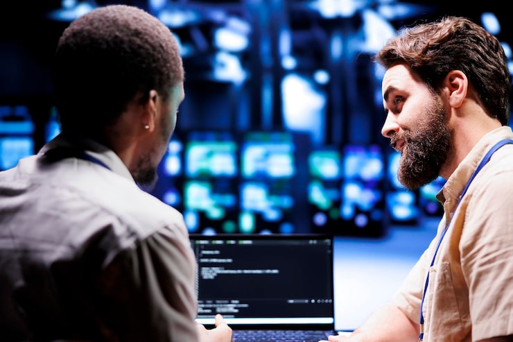 Photo coworkers updating blade servers, writing complex binary code scripts on laptop terminal. employees using javascript, java, and database programming to safeguard data using encryption techniques