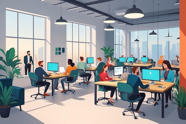 Coworking Hub Business Meeting and Shared Workspace in Open Office Flat Design Style