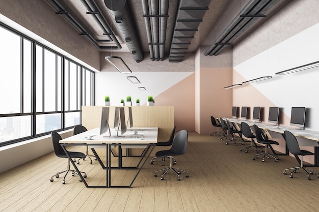 Coworking kantoor interieur hal met computers en uitzicht op de stad Werkplek en lifestyle concept 3D Rendering
