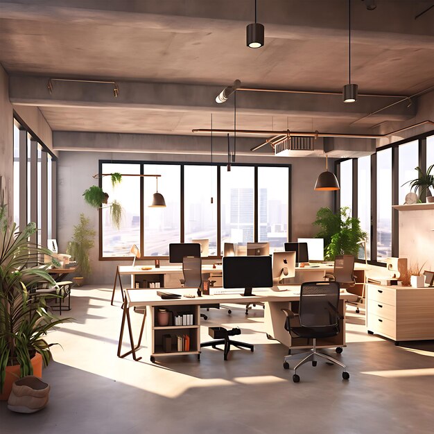 Coworking Modern office interiors with computer technology success