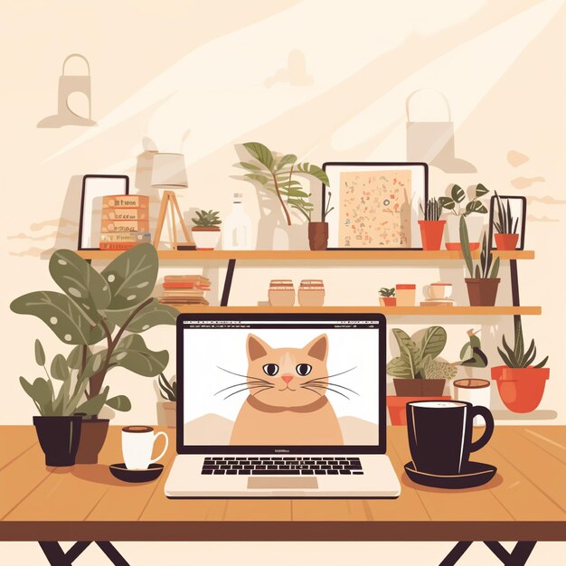 Foto interno dell'ufficio di coworking con mockup di laptop, tazza da caffè, impianto di cancelleria e gatto in piedi su comp