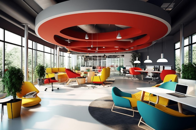 Коворкинг-пространство с открытыми рабочими местами для совместной работы и яркими цветовыми акцентами
