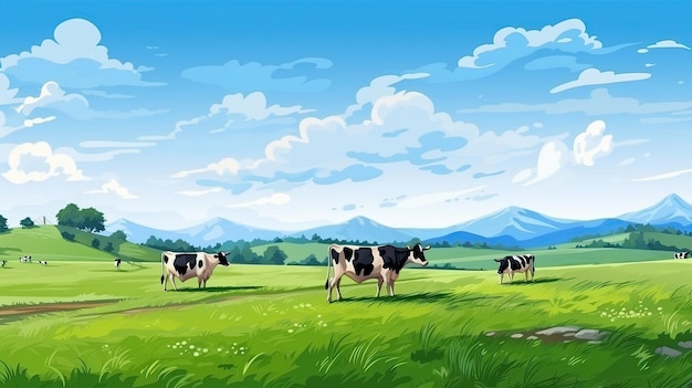 Photo cows on the background of sky and green grass