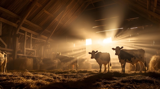 Photo cows in the barn at night with rays of light