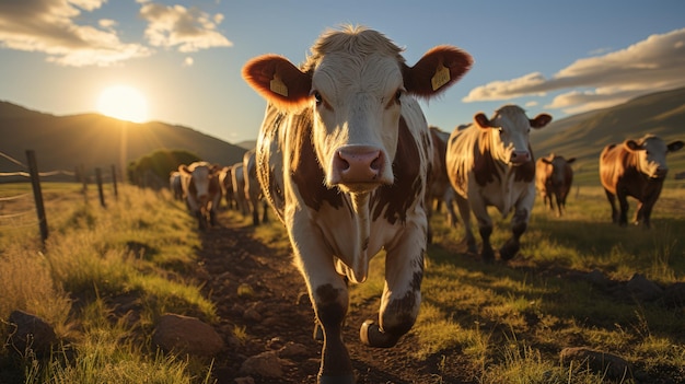 Cows being herded in the pasture at sunrise