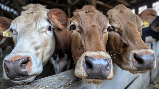 Foto vacche catturate da vicino nel fienile che mostrano le loro espressioni facciali e personalità