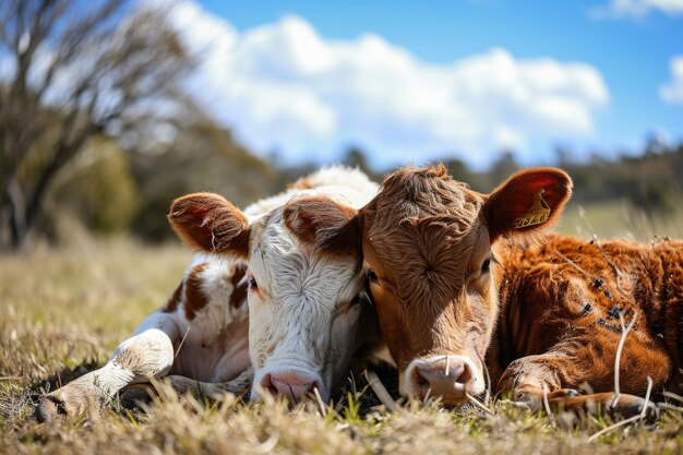 Foto le mucche che si coccolano nel pascolo mostrando amore