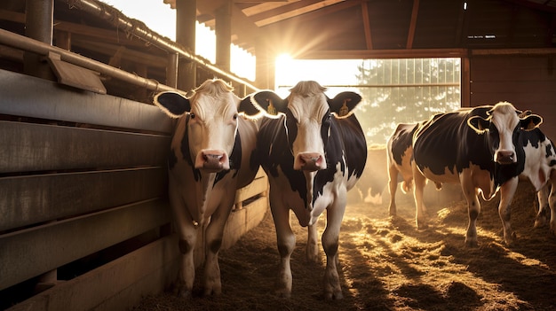 Cows on a dairy farm in a light wooden stall