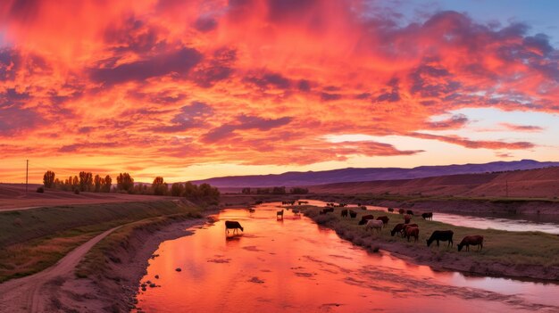 Photo cows drinking from a river during a beautiful sunset