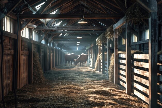 Le mucche mangiano fieno nella stalla della fattoria lattiero-casearia