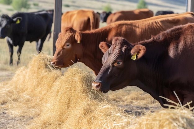 Cows eating hay on farm