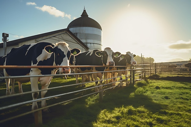 Cows in a farm in a sunny evenin