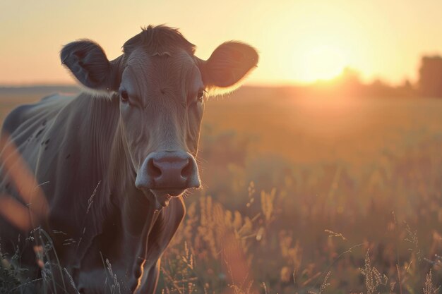 Cows in field one cow looking at the camera during sunset in the evening