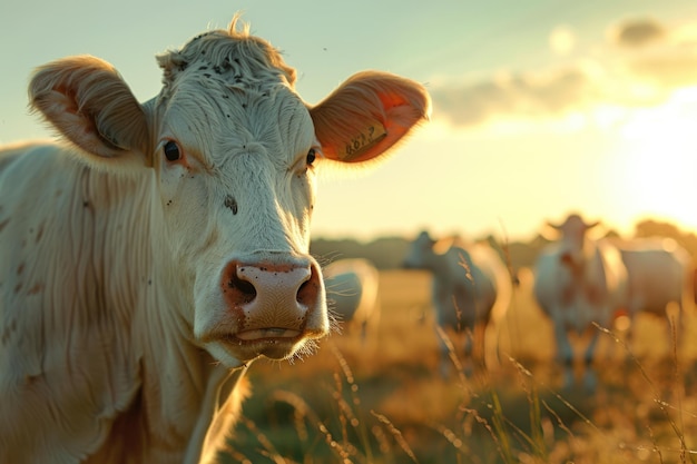 Cows in field one cow looking at the camera during sunset in the evening