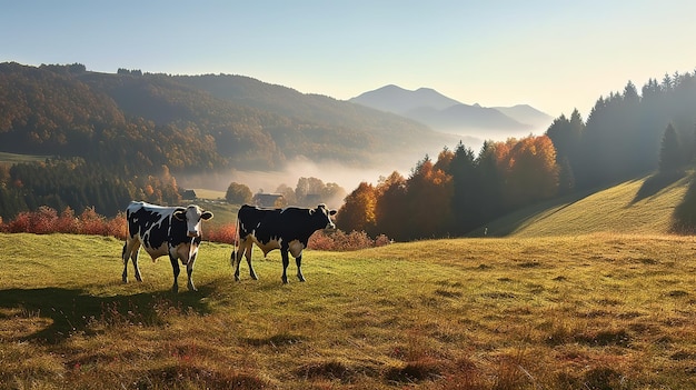 Cows in a field with mountains in the background