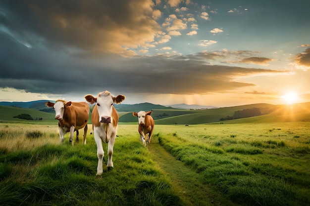 Cows in a field with a sunset in the background