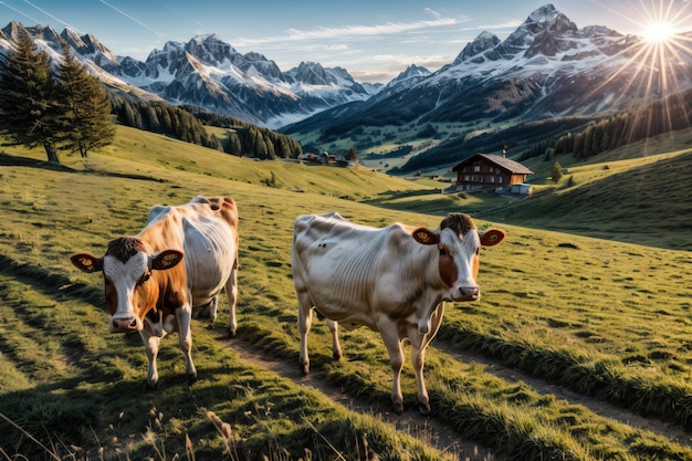 Cows in a grass field with small cabins surrounded by trees and mountains