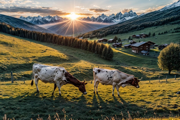 Cows in a grass field with small cabins surrounded by trees and mountains