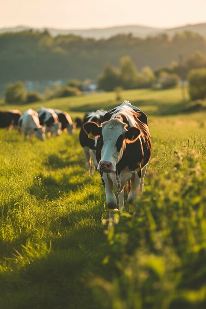 Cows graze in the meadow Selective focus