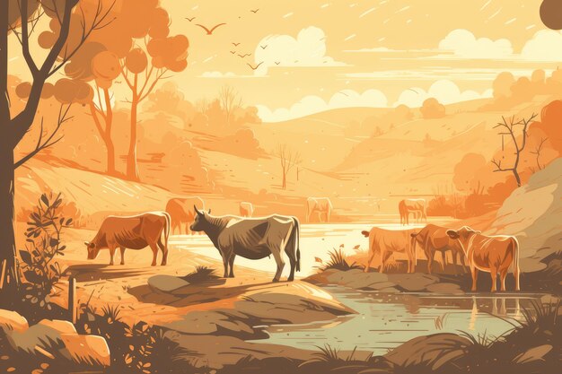 Cows grazing on a farm with sunlight farm landscape illustration with generative ai