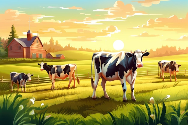 Cows grazing on a farm with sunlight farm landscape illustration with generative ai