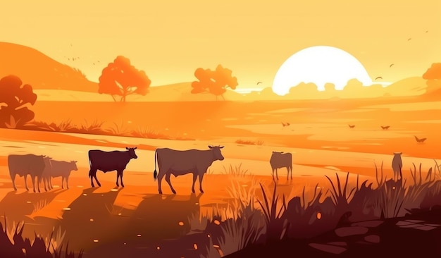 Cows grazing on a farm with sunlight farm landscape illustration with generative ai