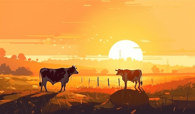 Cows grazing on a farm with sunlight farm landscape illustration with generative ai