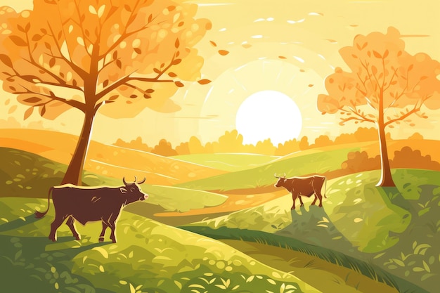 Cows grazing on a farm with sunlight farm landscape illustration with generative ai