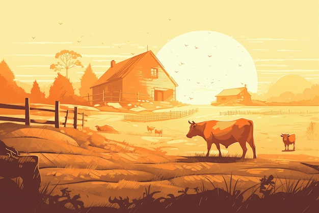 Cows grazing on a farm with sunlight farm landscape illustration with generative ai