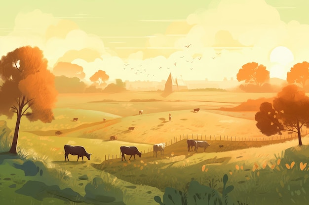 Cows grazing on a farm with sunlight farm landscape illustration with generative ai
