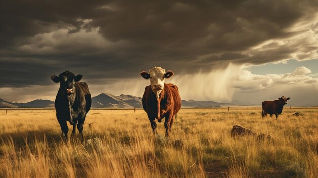 Foto mucche che pascolano in un campo in campagna in un giorno di tempesta ai generative