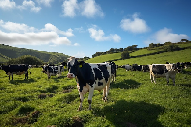 Cows Grazing in the Green Fields of a Meadow Generative By Ai