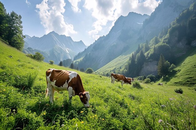 Cows grazing on a green meadow