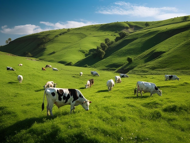 写真 緑の野原で放牧される牛