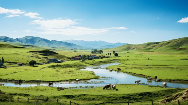 Photo cows grazing in a lush green field near a river in the countryside