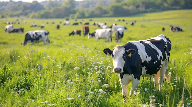 Photo cows grazing in a lush green field on a sunny day the image is idyllic and peaceful and evokes feelings of nostalgia and happiness