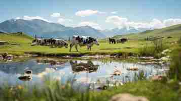 Photo cows grazing in a lush green field with mountains in the distance