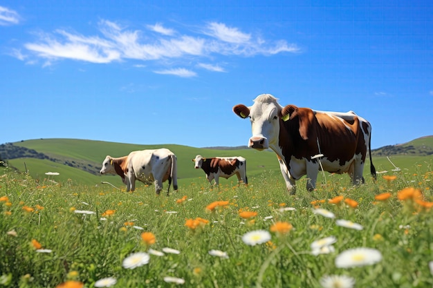 Cows Grazing In Lush Green Pasture With Wildflowers Generative AI