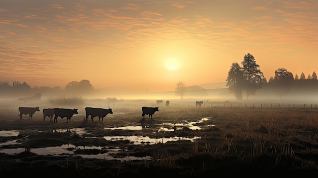 Cows grazing in a meadow with dew covered grass and morning fog with a hazy sunrise in the background