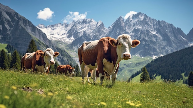 Коровы пасутся на горных лугах на заднем плане