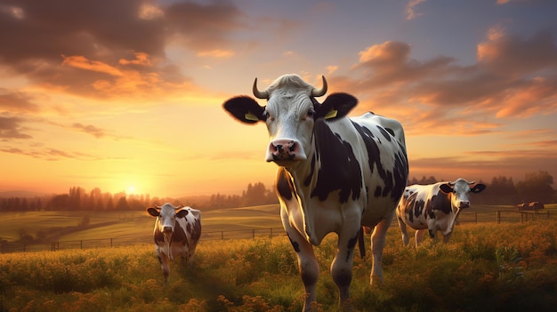 Cows on the meadow at sunset Generative AI