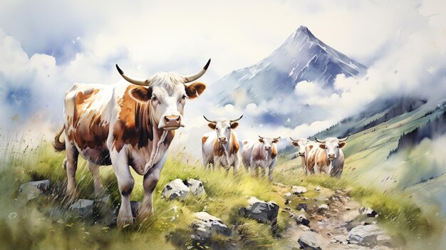 Cows on mountainous terrain watercolor painting