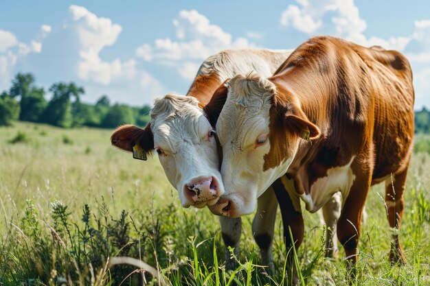 Photo cows playing and cuddling in field under blue sky