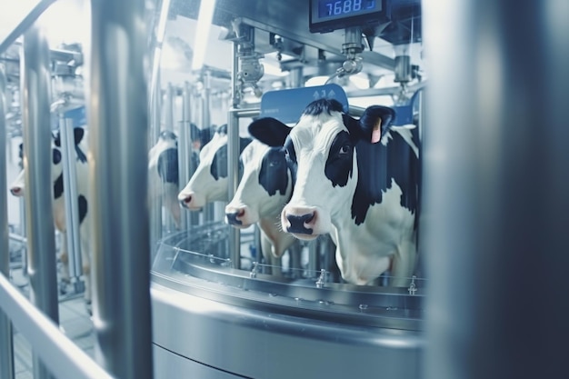 Foto vacche in piedi all'interno di una fabbrica adatto per illustrare il concetto di agricoltura industriale o produzione animale