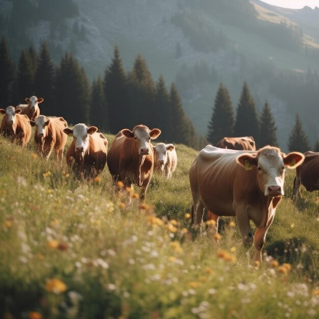 Cows in sunny meadow Illustration AI GenerativexA